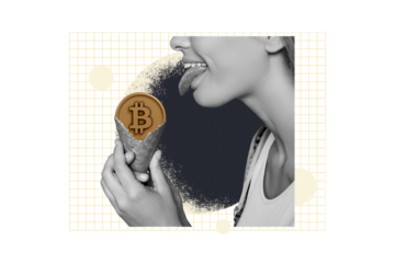 Composite photo collage of happy girl hold ice cream waffle cone lick bitcoin dessert income token trade isolated on painted background