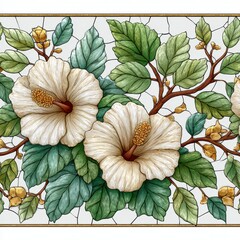 Elegant Floral Mosaic Design with White Hibiscus Flowers and Green Leaves on Cracked Glass