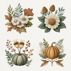 Fall Floral Bouquets with Pumpkins Leaves and Berries on White Background