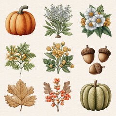 Fall Harvest Pixel Art with Pumpkins, Leaves, Acorns, Berries and Flowers on Beige Background