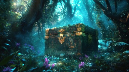 Ornate gold-trimmed chest partially covered in foliage in forest