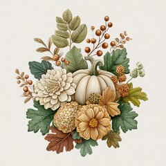 Floral Arrangement Featuring a Cream Pumpkin with Mums and Berries on Beige Backdrop