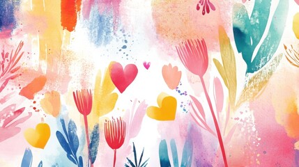 Stylized flowers and hearts in vibrant colors on abstract background