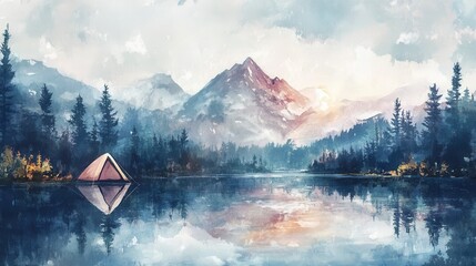 Tent pitched by serene mountain lake in peaceful forest