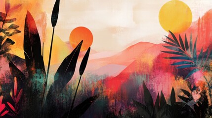 Vibrant tropical sunset with lush leaves and serene landscape