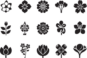 Collection of fifteen black floral silhouettes on white background