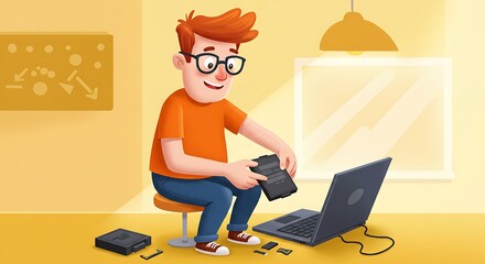 Tech Enthusiast Assembling Gadgets - Illustration