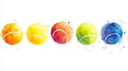 Five colorful tennis balls painted in watercolor style illustration