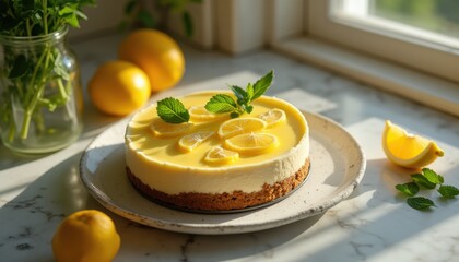 Lemon cheesecake with fresh lemons and mint on kitchen counter