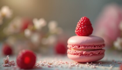 Close-up of macaron topped with raspberry and fresh flowers