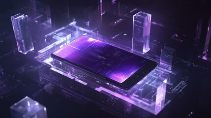 Smartphone displaying data in abstract digital environment