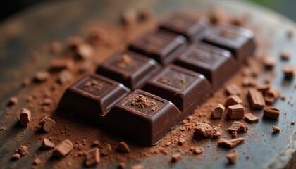 Decadent chocolate bar with cocoa powder and shavings