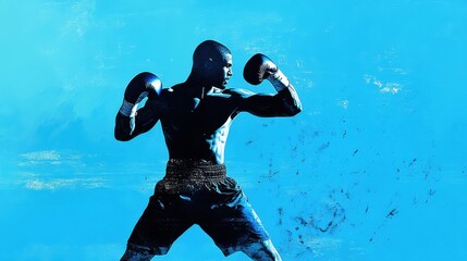 Intense African American man boxing in studio with gloves