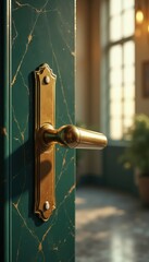 Elegant gold door handle on green door with sunlight indoors