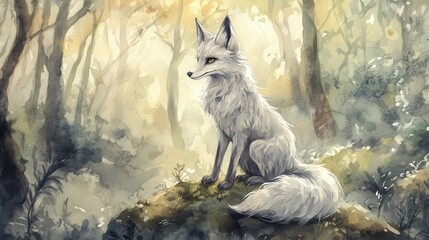 Solitary fox sitting peacefully in a mystical forest during daytime