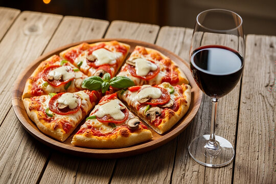 Pepperoni mushroom pizza with red wine cheese tomato sauce