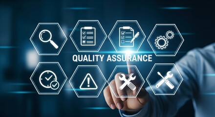 Futuristic Quality Assurance Concept with Clear Icons in Hexagonal Digital Interface, Business Technology Background