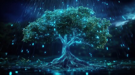 Glowing tree in mystical forest during rainy night
