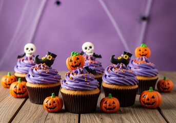 Halloween cupcakes with purple frosting and pumpkin decorations