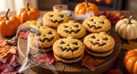Halloween Pumpkin Cookies with Chocolate Filling on Wooden Board