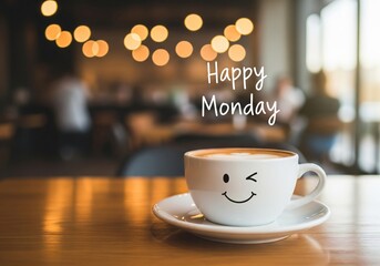 Happy Monday Coffee Cup with Smile Face in Cafe — Motivational Morning Quote Image