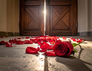 Red rose and petals on floor, sunlight through doors