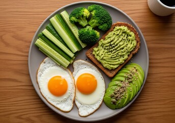 Healthy breakfast plate with eggs, avocado toast, and fresh vegetables