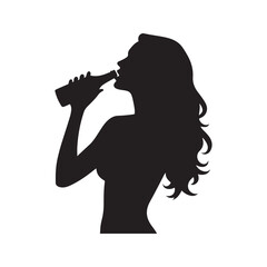 Black and white silhouette woman drinking from a bottle her lips