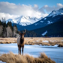 Elk in a winter wonderland.  A majestic elk stands in a snowy meadow,  with a backdrop of snow-capped mountains