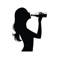 Black and white silhouette woman drinking from a bottle her lips