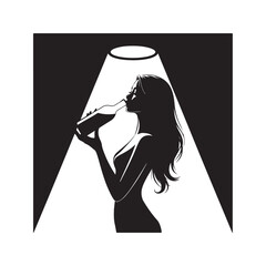 Black and white silhouette woman drinking from a bottle her lips