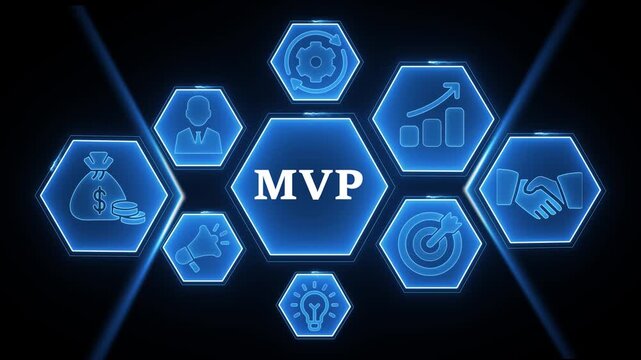 Minimum Viable Product concept with icons in blue hexagons on black background business startup