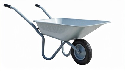 A metal wheelbarrow with a single black rubber wheel and two rear handles stands upright, showcasing its deep basin and sturdy frame