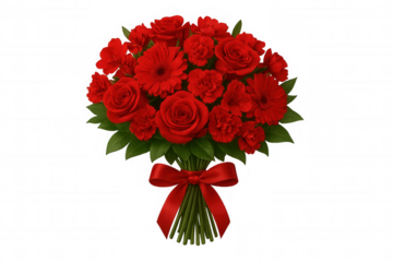 Red flower bouquet featuring roses, gerberas, and carnations, tied with a satin ribbon on a transparent background
