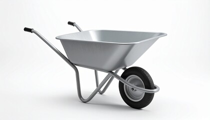 A metal wheelbarrow with a single black rubber wheel and two rear handles stands upright, showcasing its deep basin and sturdy frame