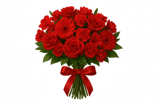 Red flower bouquet featuring roses, gerberas, and carnations, tied with a satin ribbon on a transparent background
