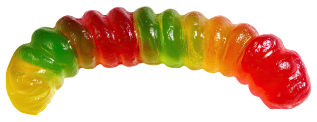 A close-up of a gummy worm with vibrant rainbow colors. It is set against a dark background