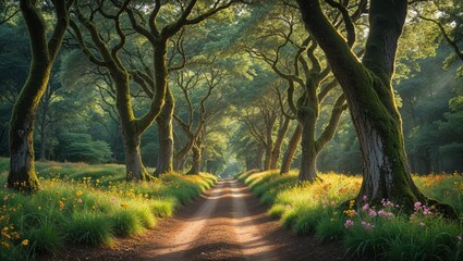 Obraz premium Sunbeams illuminate a magical path through a forest of moss-covered trees, wildflowers blooming on either side. Serene and enchanting.