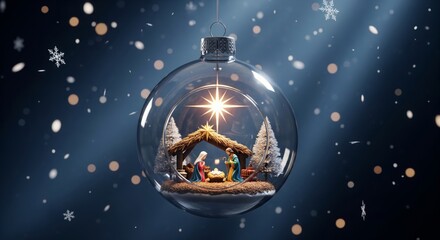 Nativity scene inside glass Christmas ornament with glowing star of Bethlehem