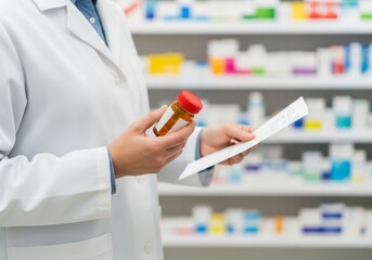 Pharmacist reading prescription and holding medicine bottle in pharmacy