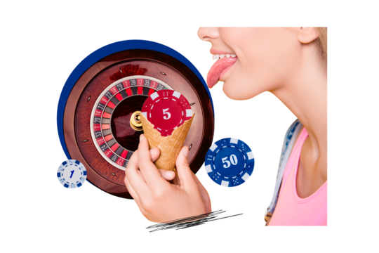 Composite photo collage of happy girl tongue lick ice-cream cone chip casino game winner roulette gamble isolated on painted background