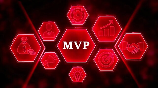 MVP concept with business icons in red hexagons on a dark background Keywords: MVP, Minimum Viable Product, business, concept, strategy, startup, product development