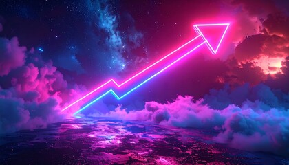 Neon arrow rising through vibrant cloudscape