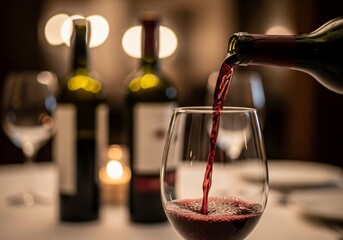 Pouring red wine into glass on elegant dinner table
