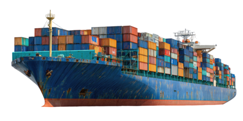 A large cargo ship, packed with colorful shipping containers, floats with a blank background