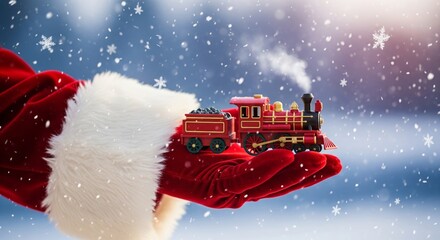Santa Claus holding red toy train in snowy winter background
