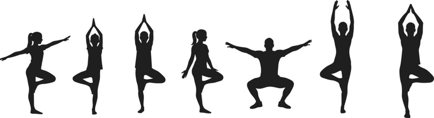 Yoga poses silhouette vector set – tree pose and squat posture illustrations, fitness exercise clipart, meditation body balance workout design