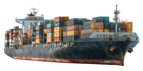 A large cargo vessel, packed with containers of various colors, navigates the water, showing its hull