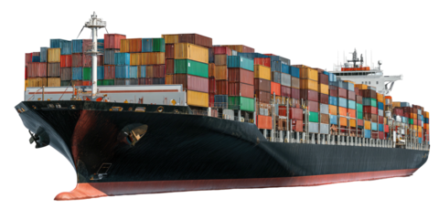 A large cargo vessel laden with multi-colored containers, ready for international shipping