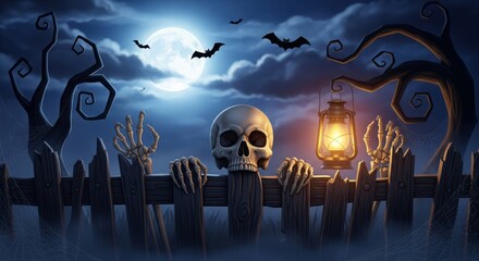 Skull and Skeleton Hands Behind Wooden Fence — Spooky Halloween Background